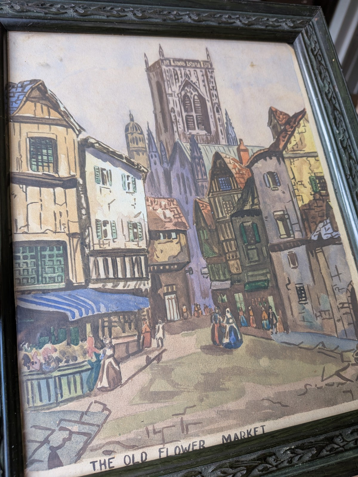 Antique Artist Signed Watercolour Old Flower Market Ornate Frame Green Original 