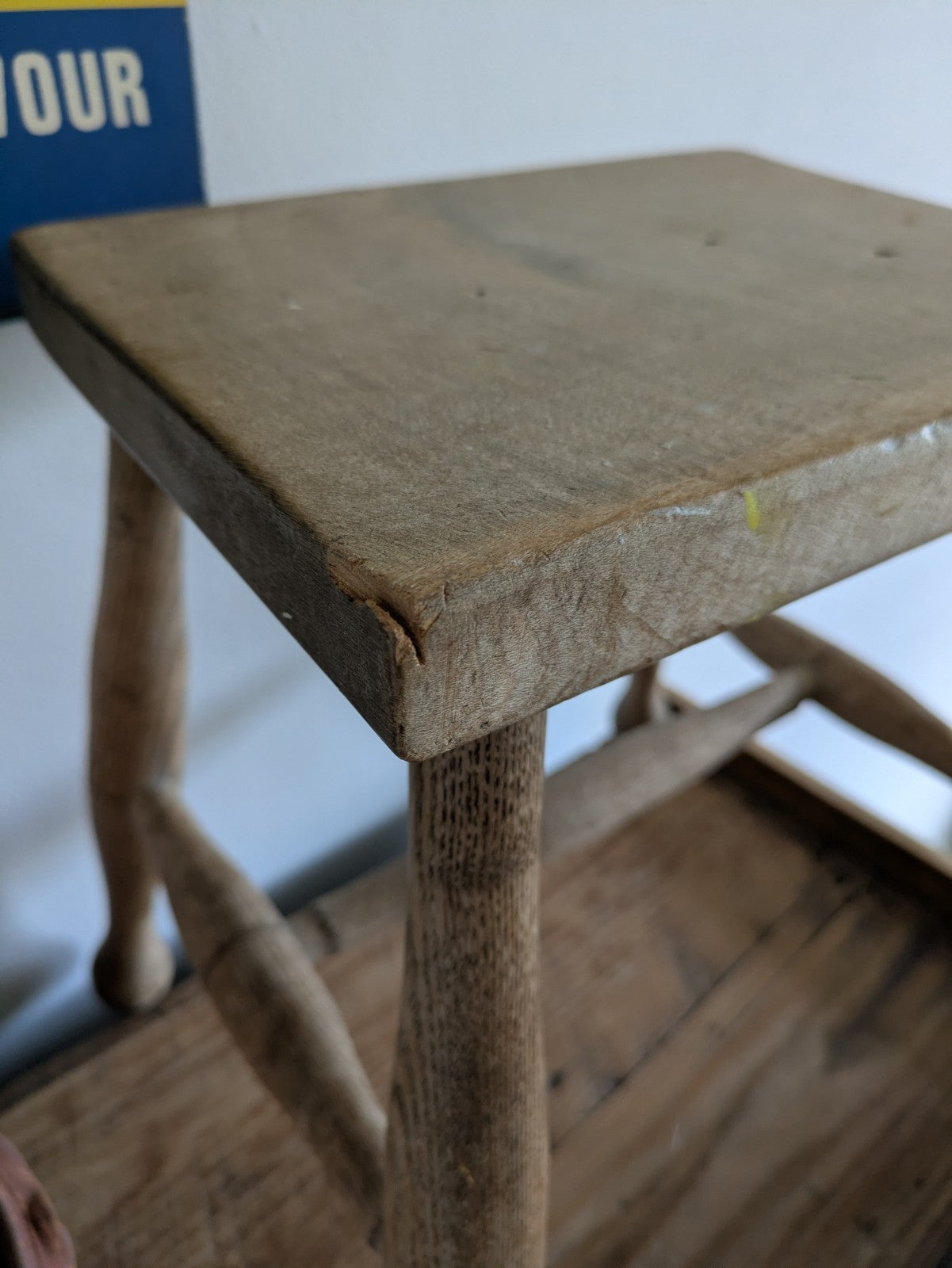 Antique Vtg 1880s Victorian Stool Beech Top Elm Leg Wooden Seat Utilitarian Vgc
