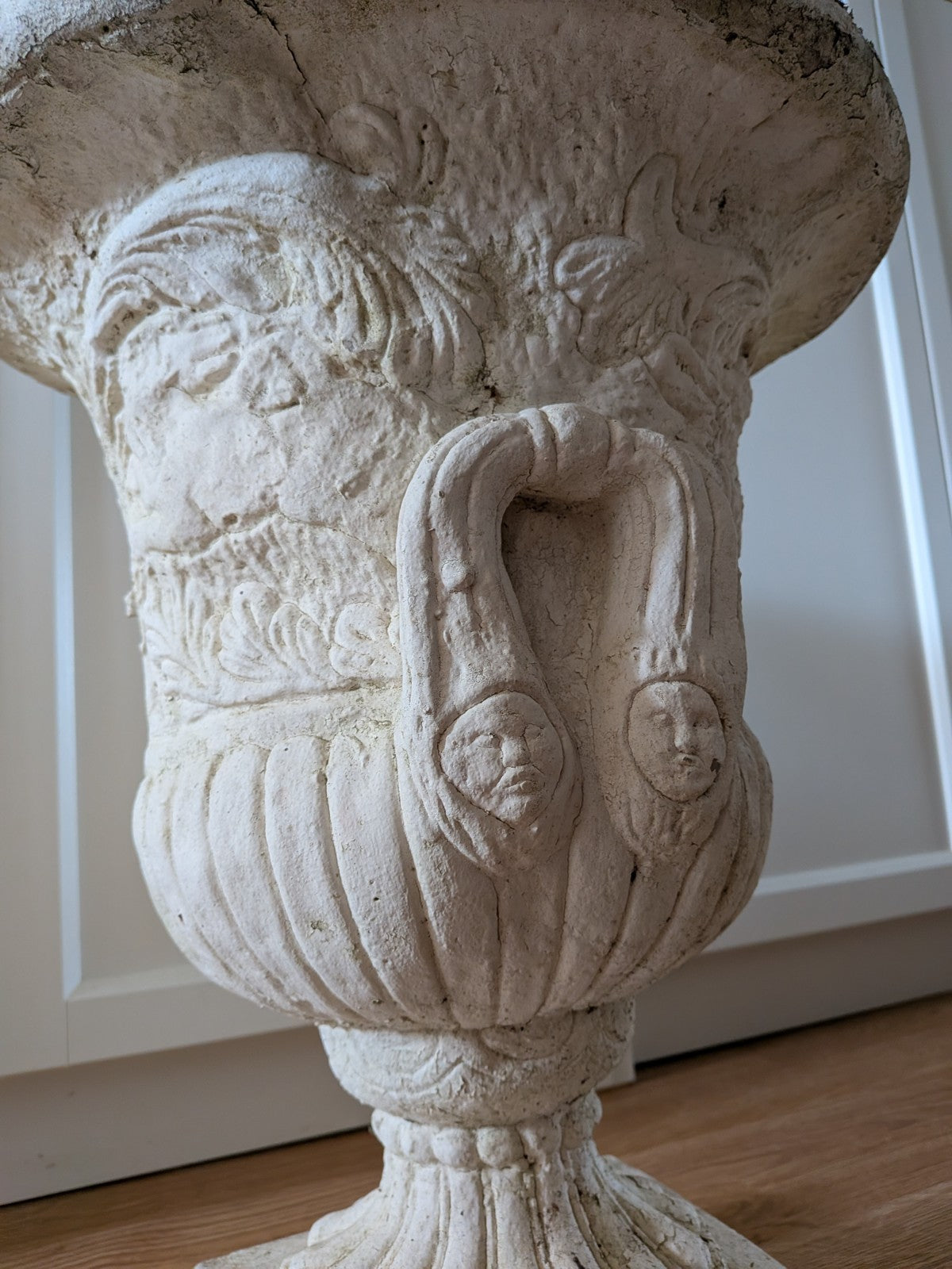 Pair Reclaimed Classical Medici Garden Urn Planter Cast Stone Handles Weathered