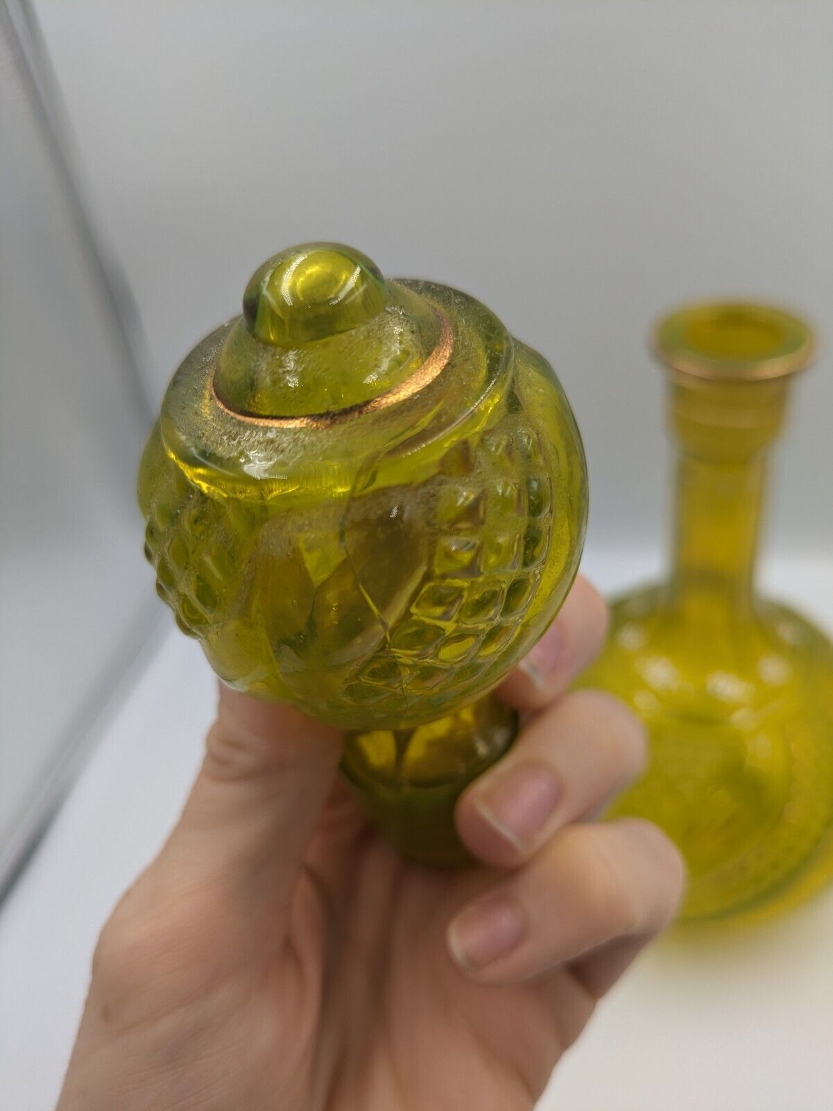 Vintage Yellow Vaseline 1920s 30s Glass Decanter Hand Painted Gold Rare Stopper