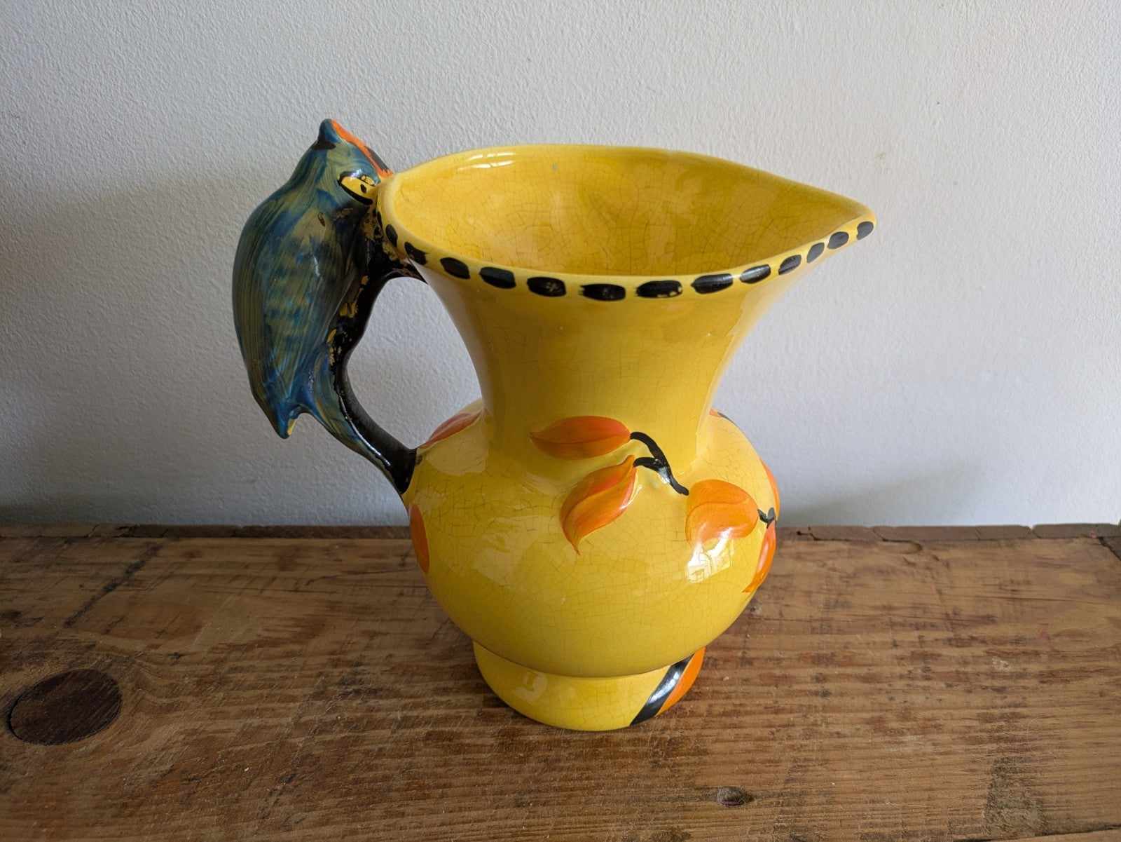 Art Deco Wade Heath Yellow Pitcher with Blue Parrot Bird Handle c 1934 Jug Vase