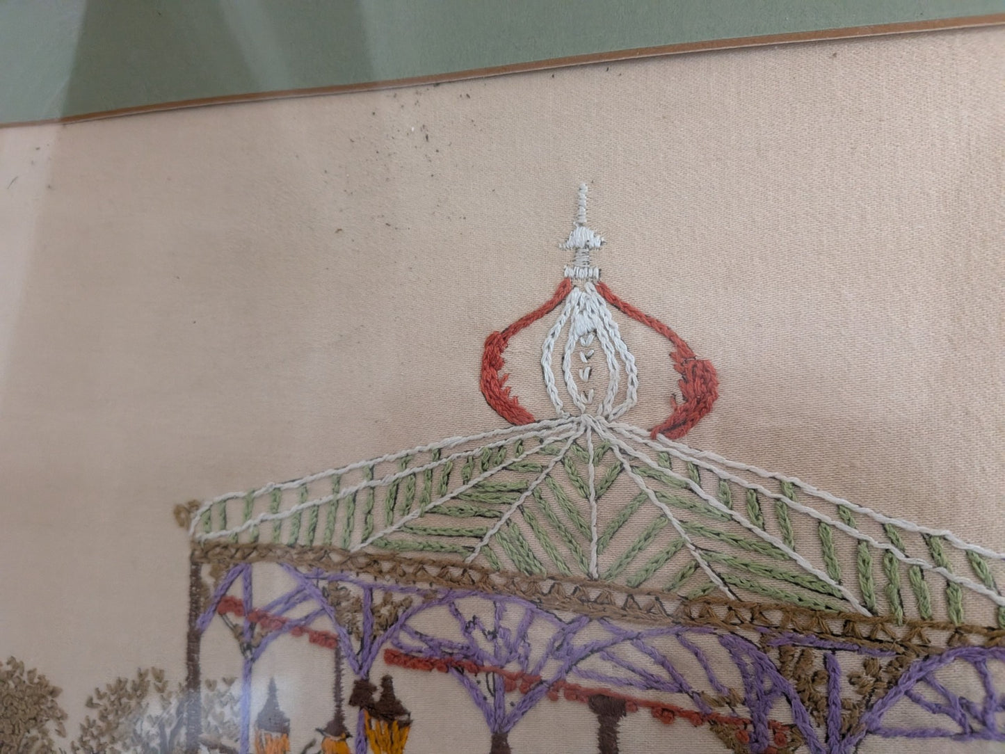 Vintage Cross Stitch Victorian Band Stand Play Framed Embroidery Crewel Large