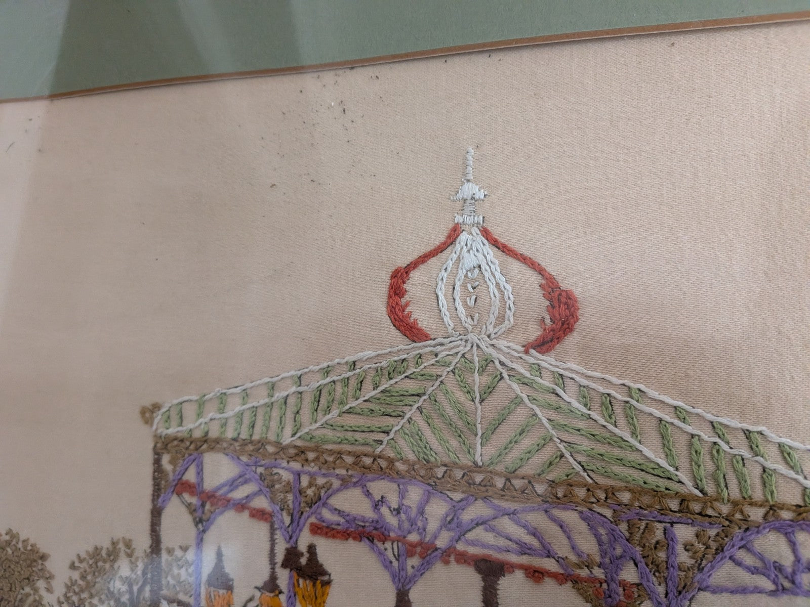 Vintage Cross Stitch Victorian Band Stand Play Framed Embroidery Crewel Large