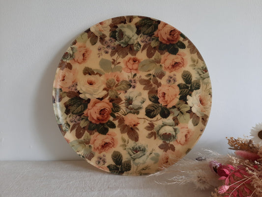 Vintage Cabbage Rose Tray Floral Fiberglass Round Dinner Serving Kitchen Tea Old
