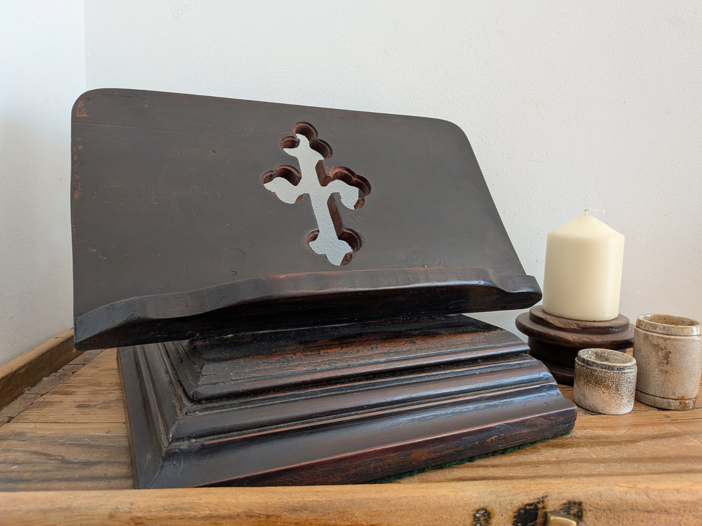 Antique Wood Carved Bible Stand  Lectern Religious Crucifix Book Rest Missal Vtg