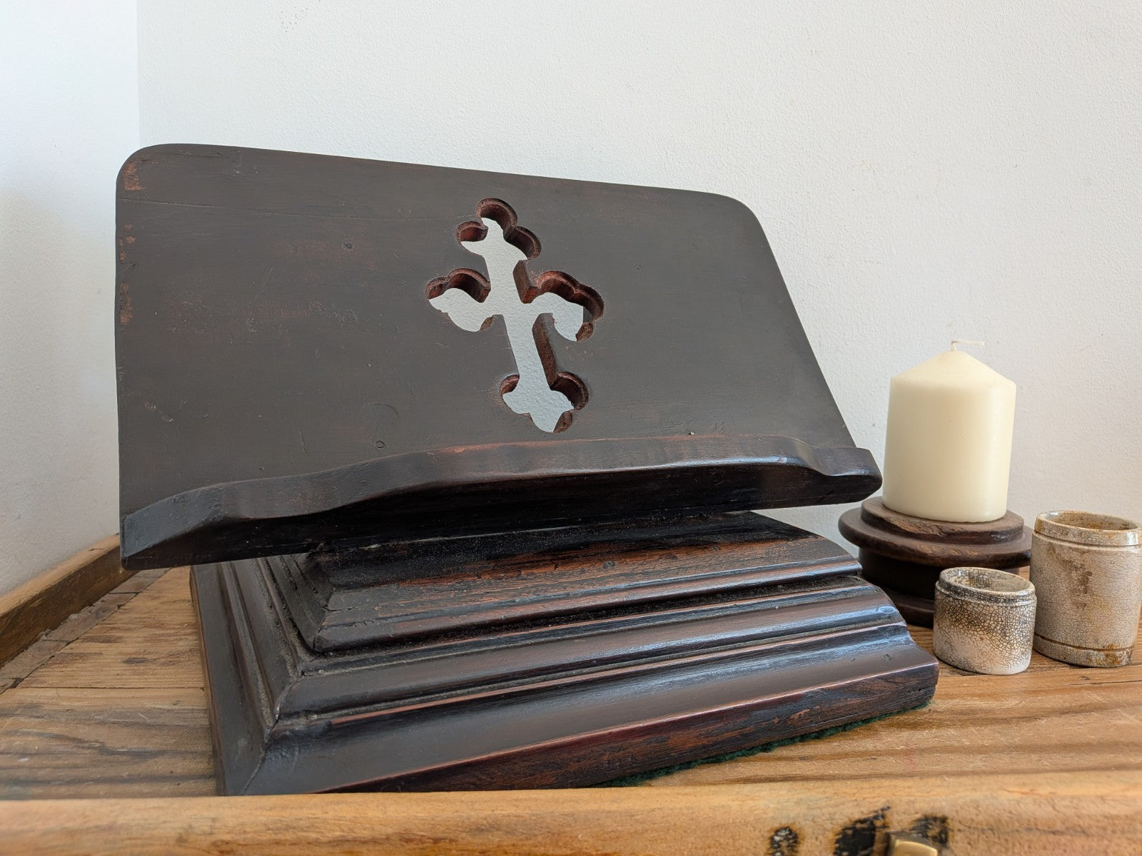 Antique Wood Carved Bible Stand  Lectern Religious Crucifix Book Rest Missal Vtg
