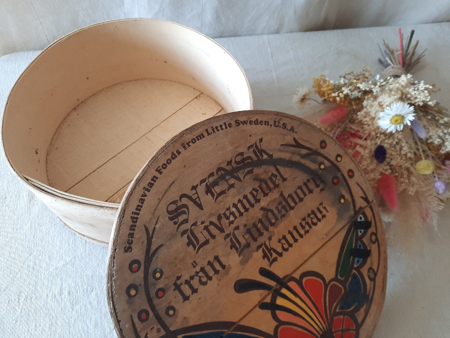 Vtg Wooden Pantry Box Hand Painted Flowers Little Sweden, USA Food Bentwood Rare
