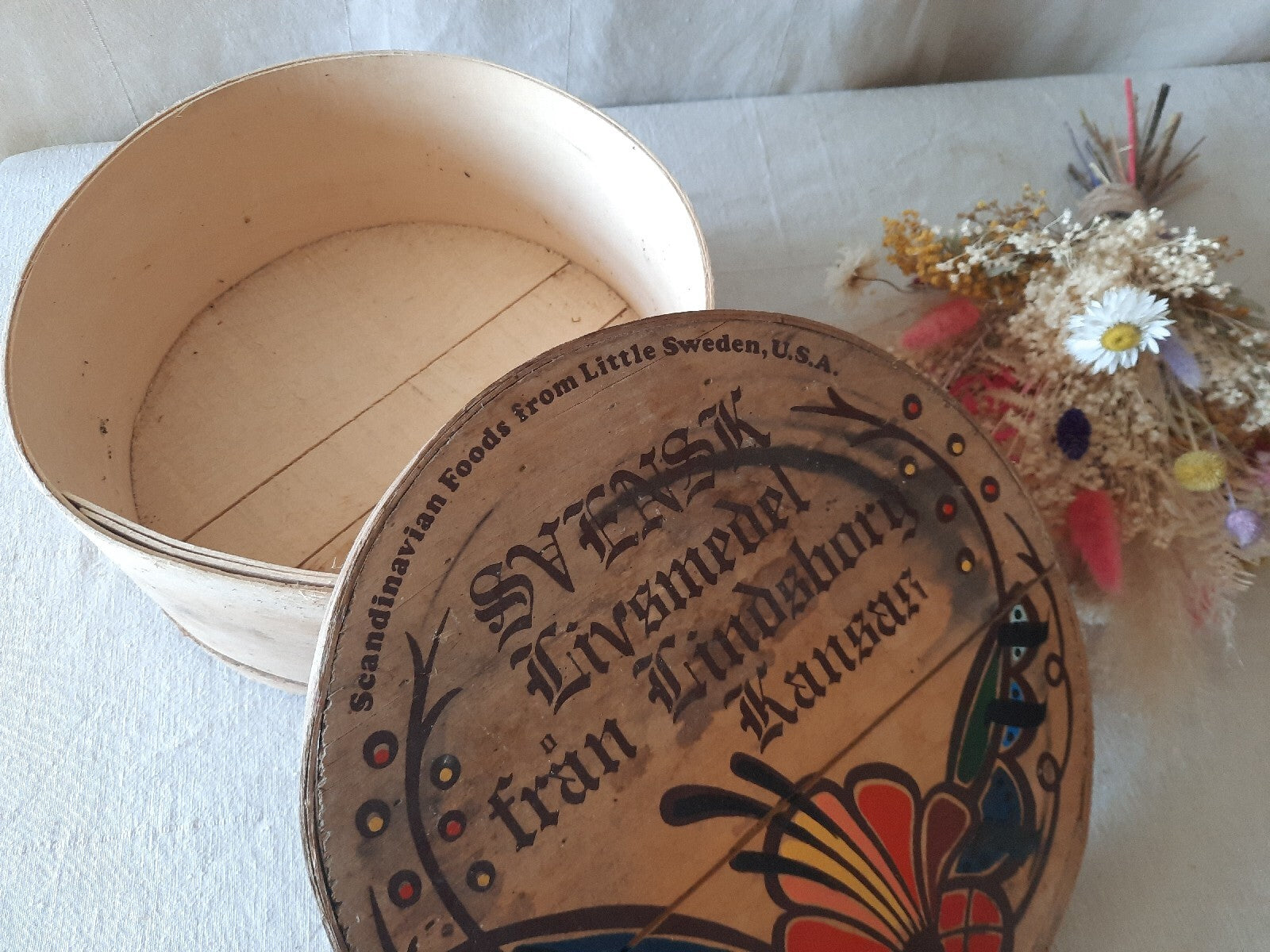 Vtg Wooden Pantry Box Hand Painted Flowers Little Sweden, USA Food Bentwood Rare