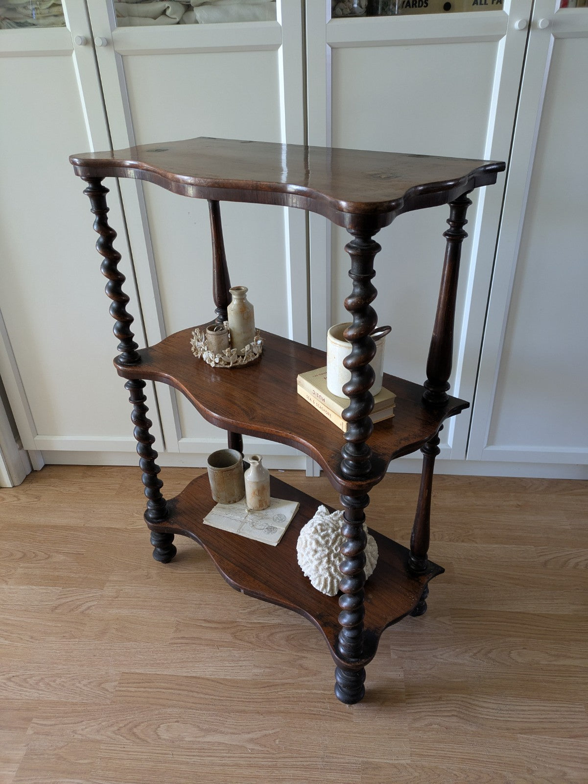 Antique Victorian Whatnot Mahogany Shelves Barley Twist Turned Legs Bookcase 