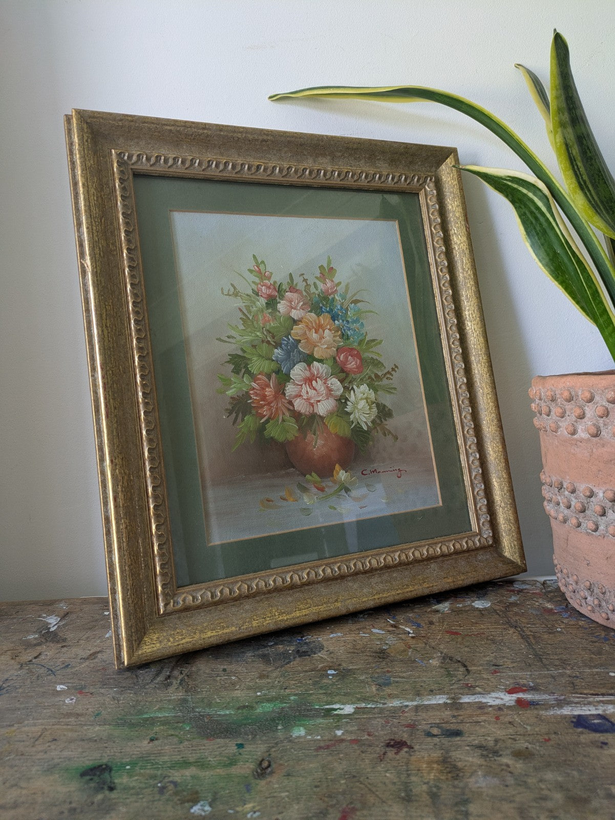 Original Oil Painting on Board C. Manning Bouquet Floral Roses Vase Flowers Vgc
