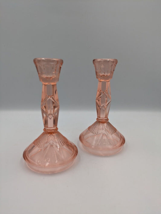 PAIR ART DECO VINTAGE GLASS DEPRESSION PINK GLASS CANDLESTICKS WALTHER VANITY 