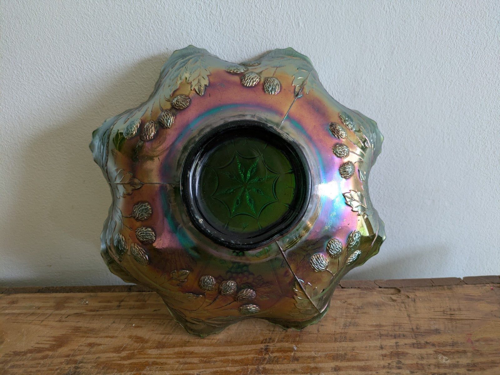 Fenton Peacock & Grape Green Iridescent Carnival Glass Ruffled Bowl Antique Rare