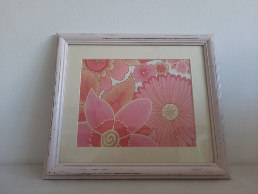 Retro picture Frame Wallpaper Sample gift framed Pink 60s 70s Vtg Floral Decor.