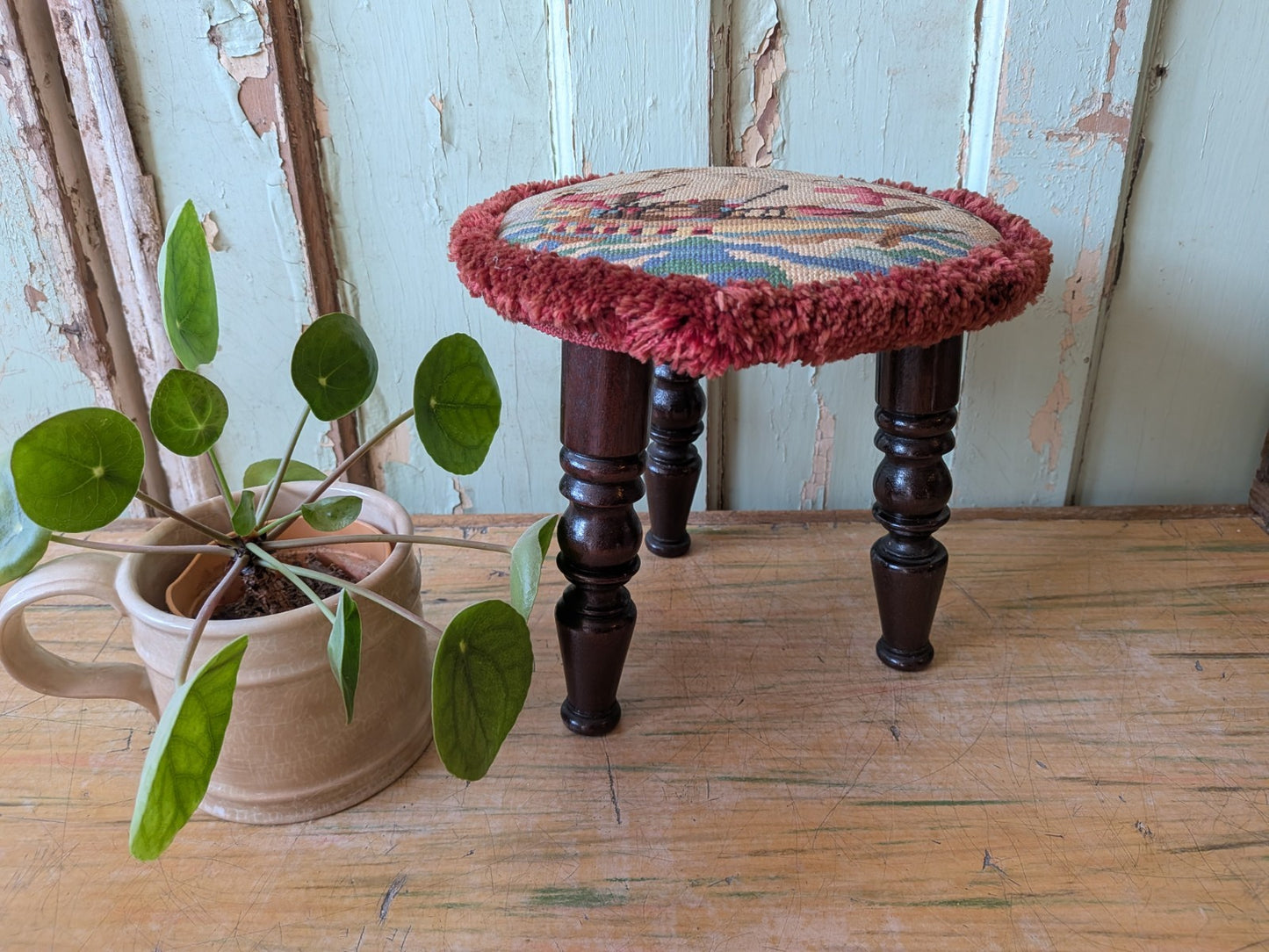 Victorian Tripod Needlepoint Foot Stool Ship Sailing Seat Tapestry Antique Vtg