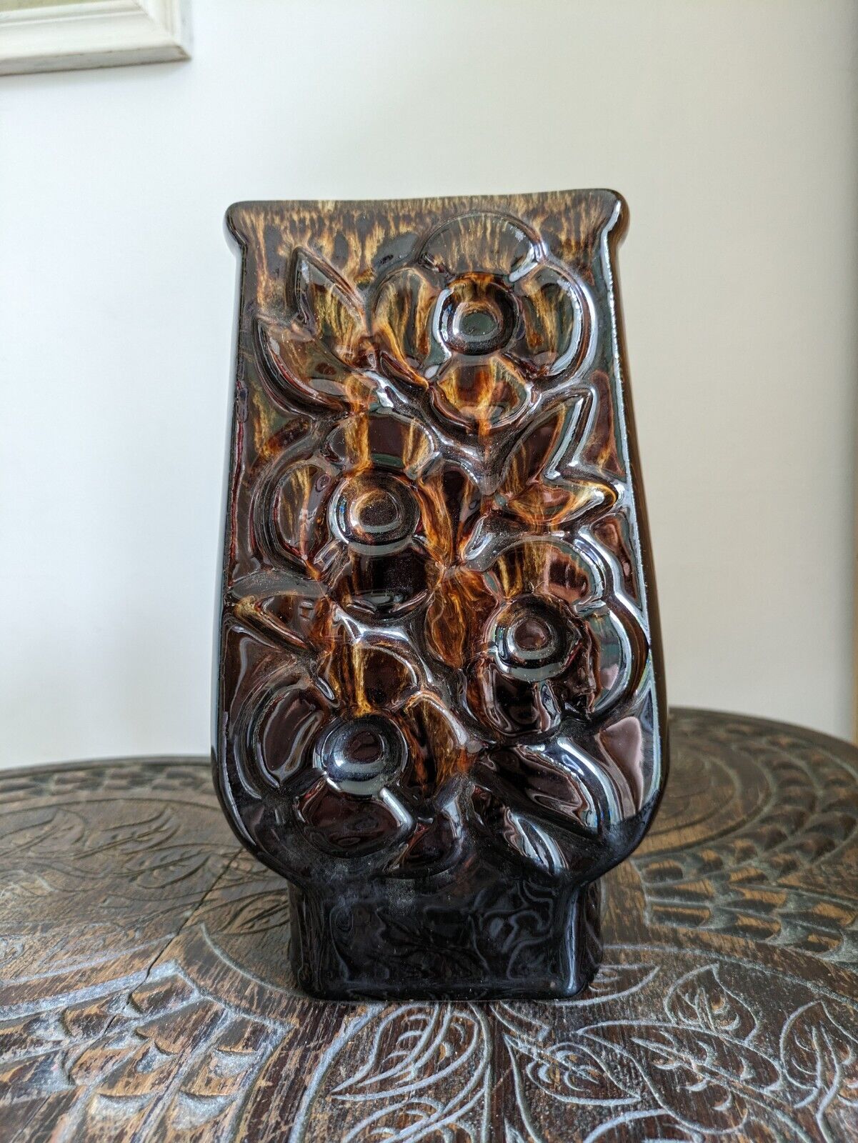 Flower Power Pottery Vase Honeycomb Mottled Brown Drip Glaze 1960s Retro Vintage
