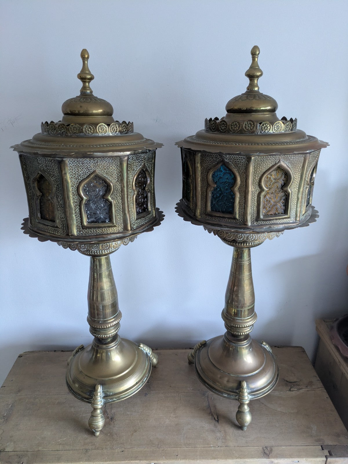 VTG Moroccan Brass Floor Lamps Stained Glass Gothic Original Pair Lights Props 