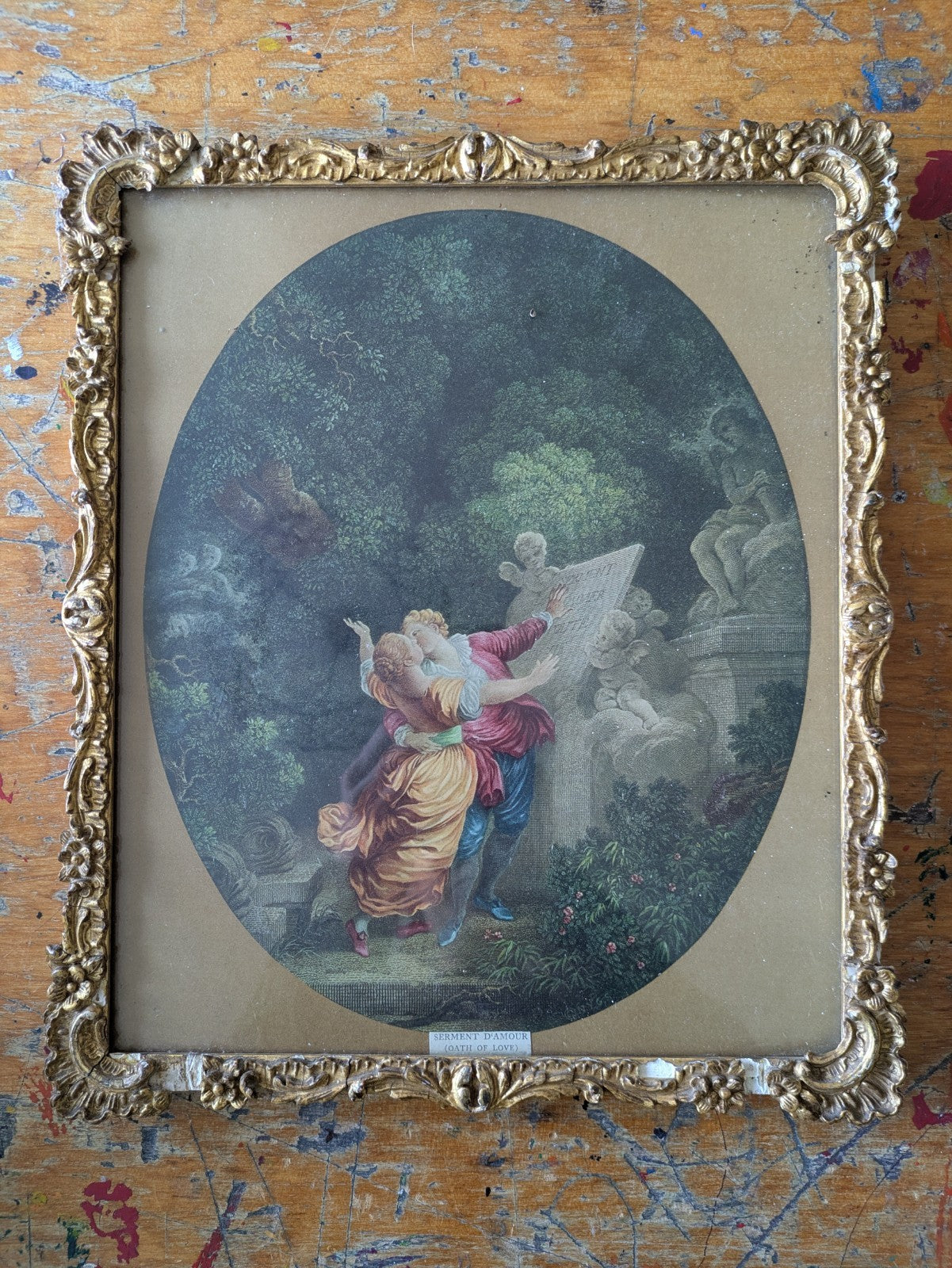 Antique 19th Cent Colored Engraving Le Serment d'Amour  The Lover's Oath Framed 