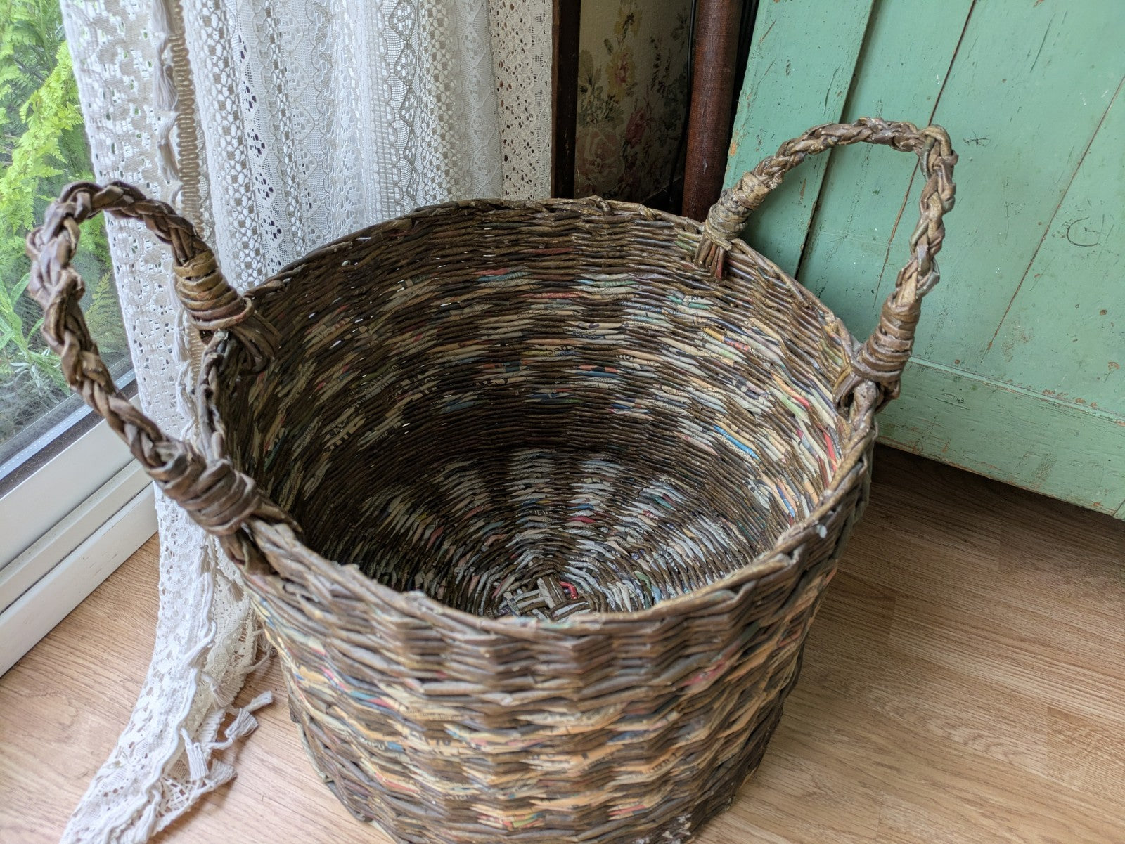 Basket Recycled Newspaper Hand Woven High Sturdy Large Handles Log Laundry Round