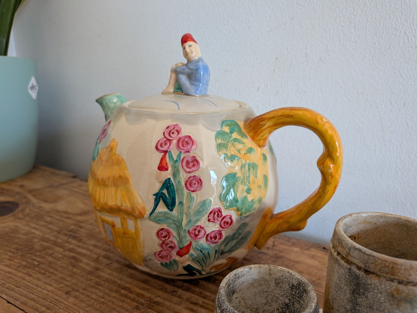 Vintage Art Deco Teapot Leprechaun Pixie Castle Fairytale Cottage Garden Floral