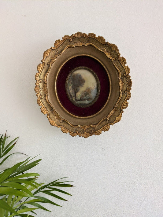 Antique Miniature Porcelain PAINTING In Gilt Oval Frame Velvet VTG Argentena