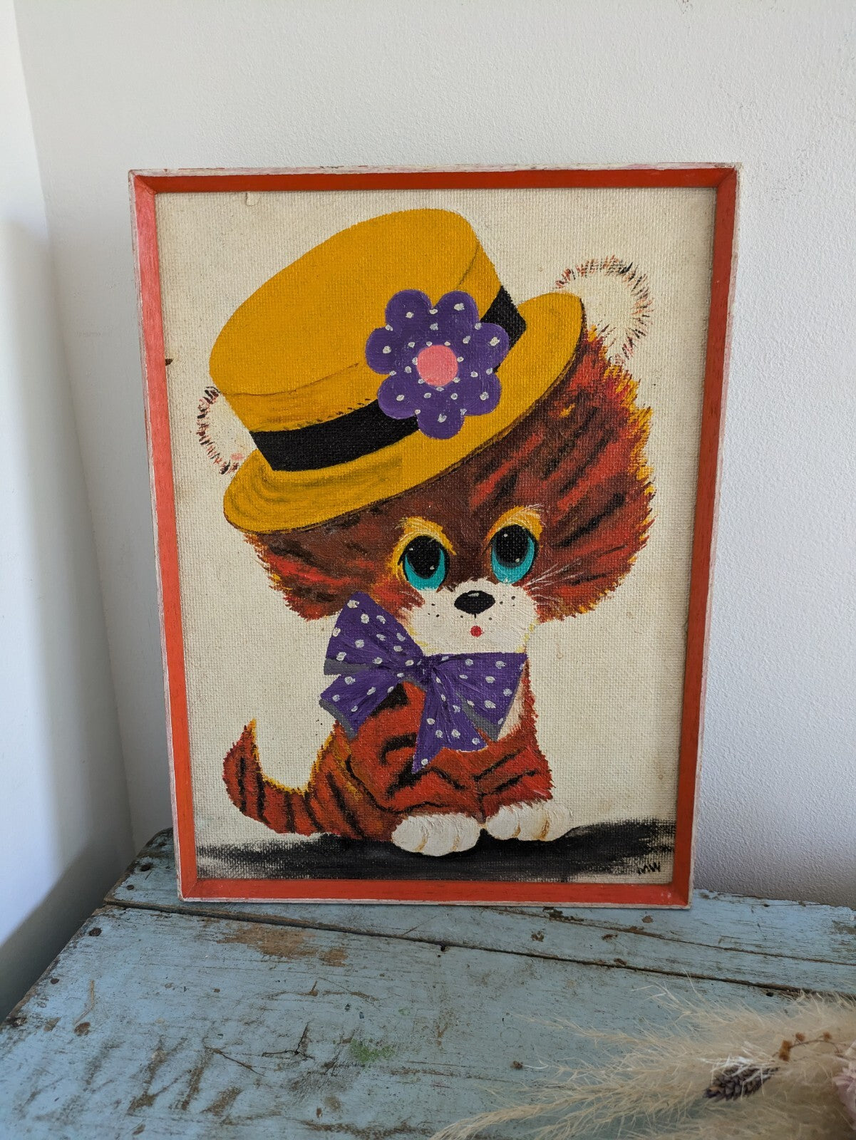 Vintage Retro Cat Kitten Painting Hand Painted Cartoon Big Head Kitsch Amateur