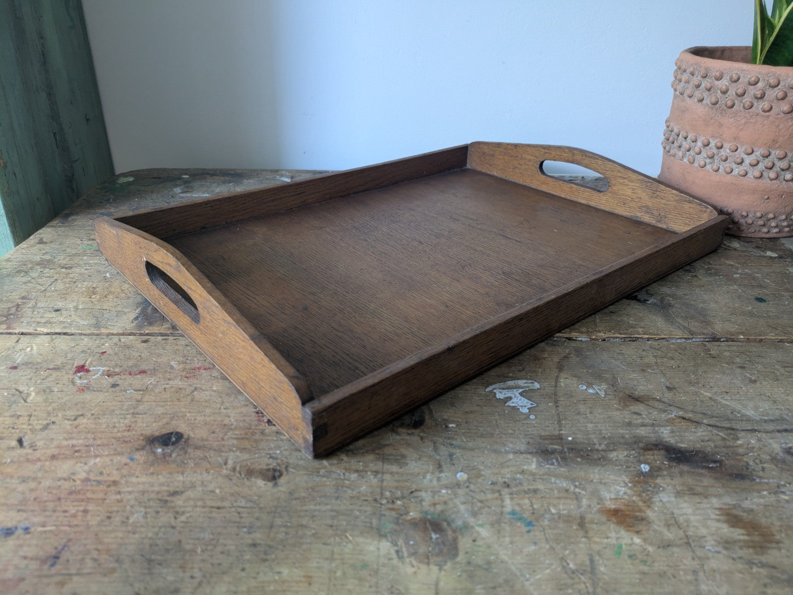 Vintage Antique Oak Wood Butlers Serving Tray with Handles Inset Prop Tea Dinner