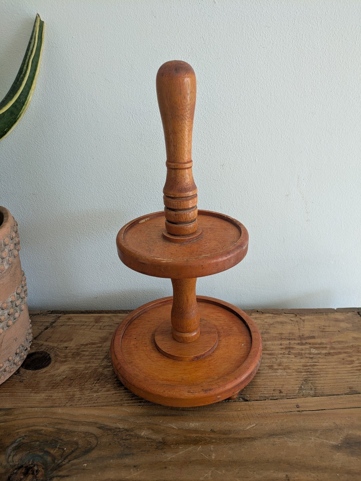 Vintage Antique Wood Two Tier Serving Tray Platter Display Stand Round Holder