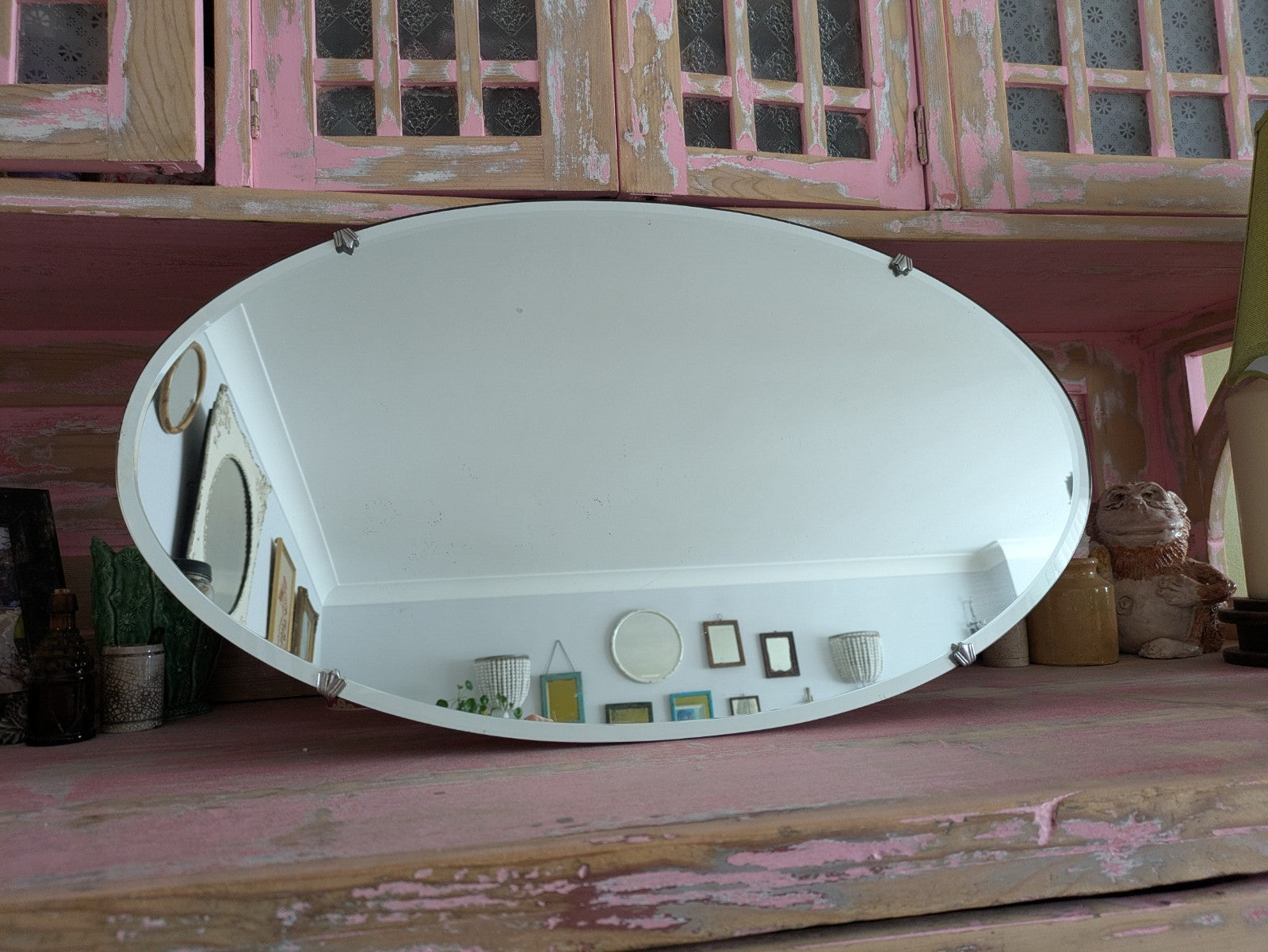 Art Deco Bevel Edge Wall Mirror Frameless & Chain Bevel Edge Oval Vintage Large 
