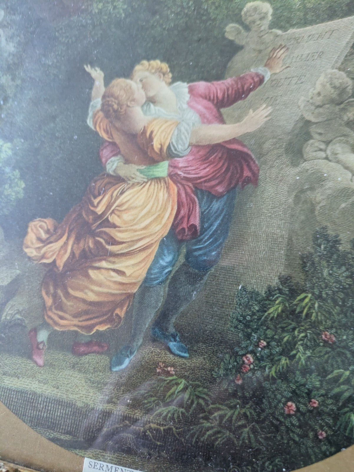 Antique 19th Cent Colored Engraving Le Serment d'Amour  The Lover's Oath Framed 