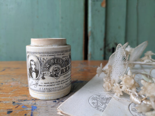 French Vintage Antique Printed Ironstone Ointment Pot Lid Cream Jar La Reine 