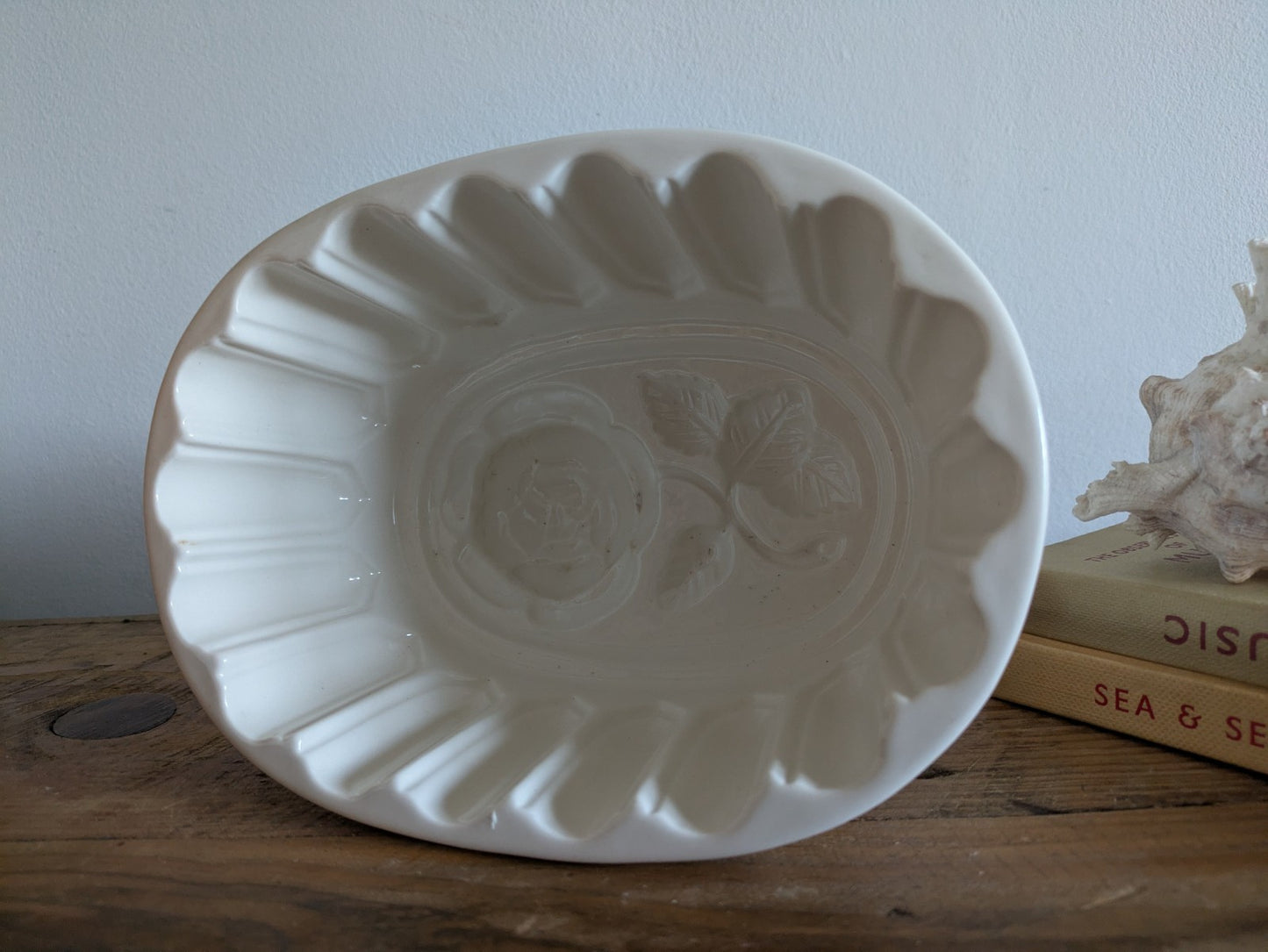 XL Antique White Jelly Mould Oval Ironstone with Rose Motif Victorian Impressed