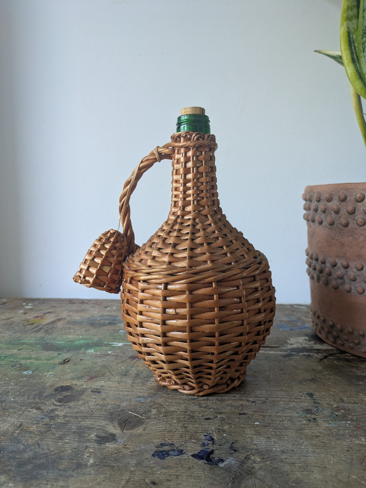 Vintage French Glass Demijohn Wine Bottle Wicker Rattan Green Glass Prop Decor 
