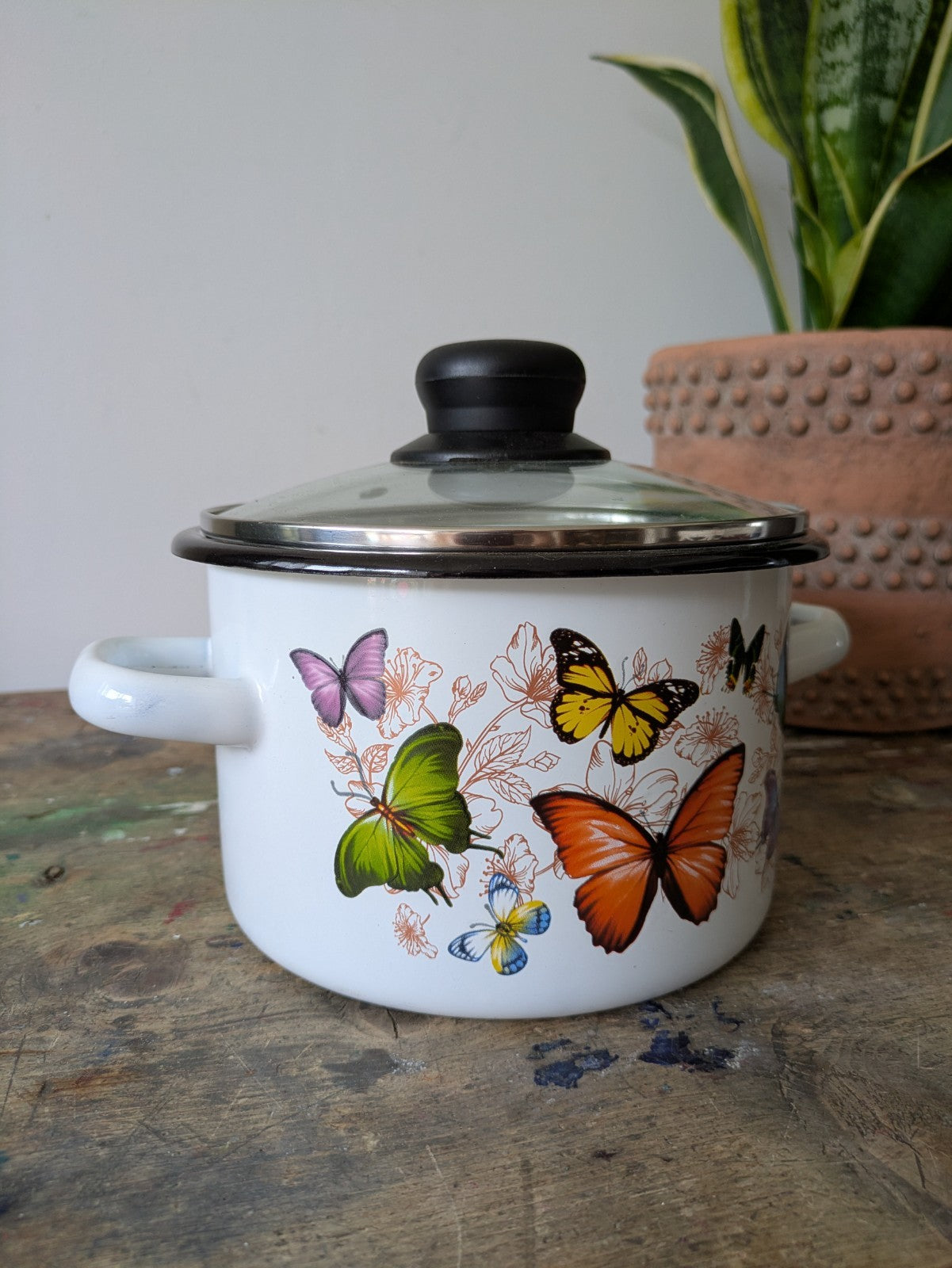Butterfly Enamel Cooking Pot Vintage Style Glass Lid Saucepan Pan Prop Kitchen