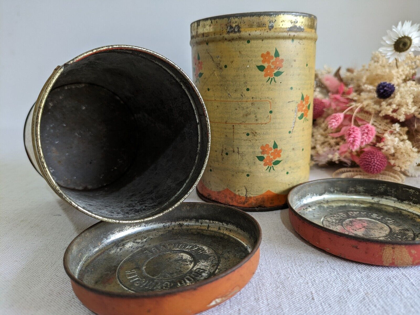 2x Vintage 1930s 20s Handiware Ditsy Storage Tin / Canister Rare Prop Kitchen