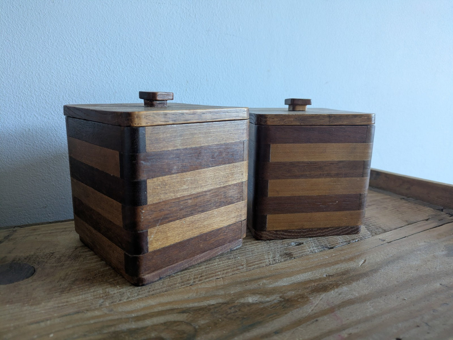 Pair Vtg Wood Two-tone Striped Kitchen Canister Caddy 1960's Mid Century Retro 