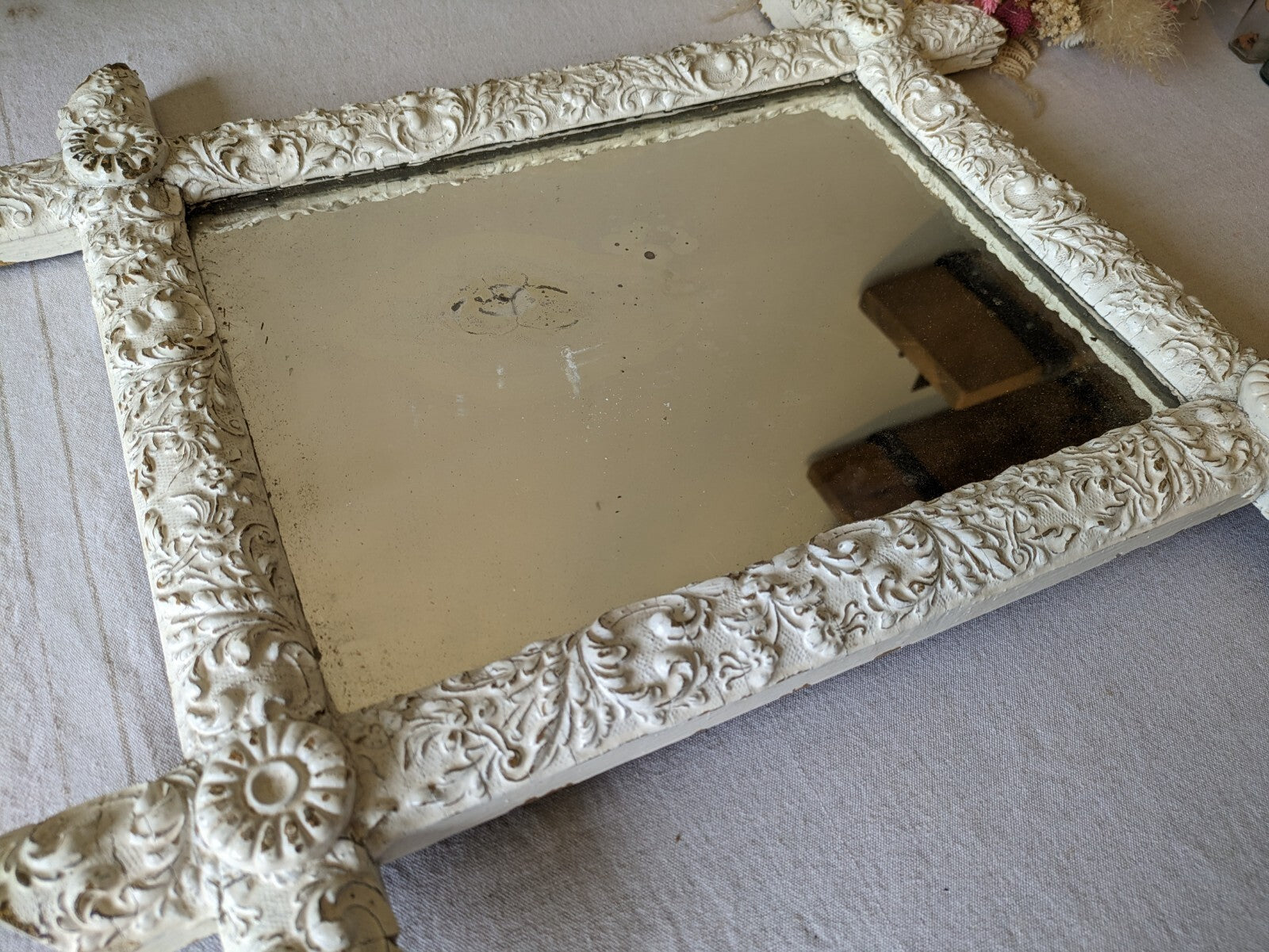 Late 19th century French Detailed distressed mirror Chippy Antique Rare Mercury
