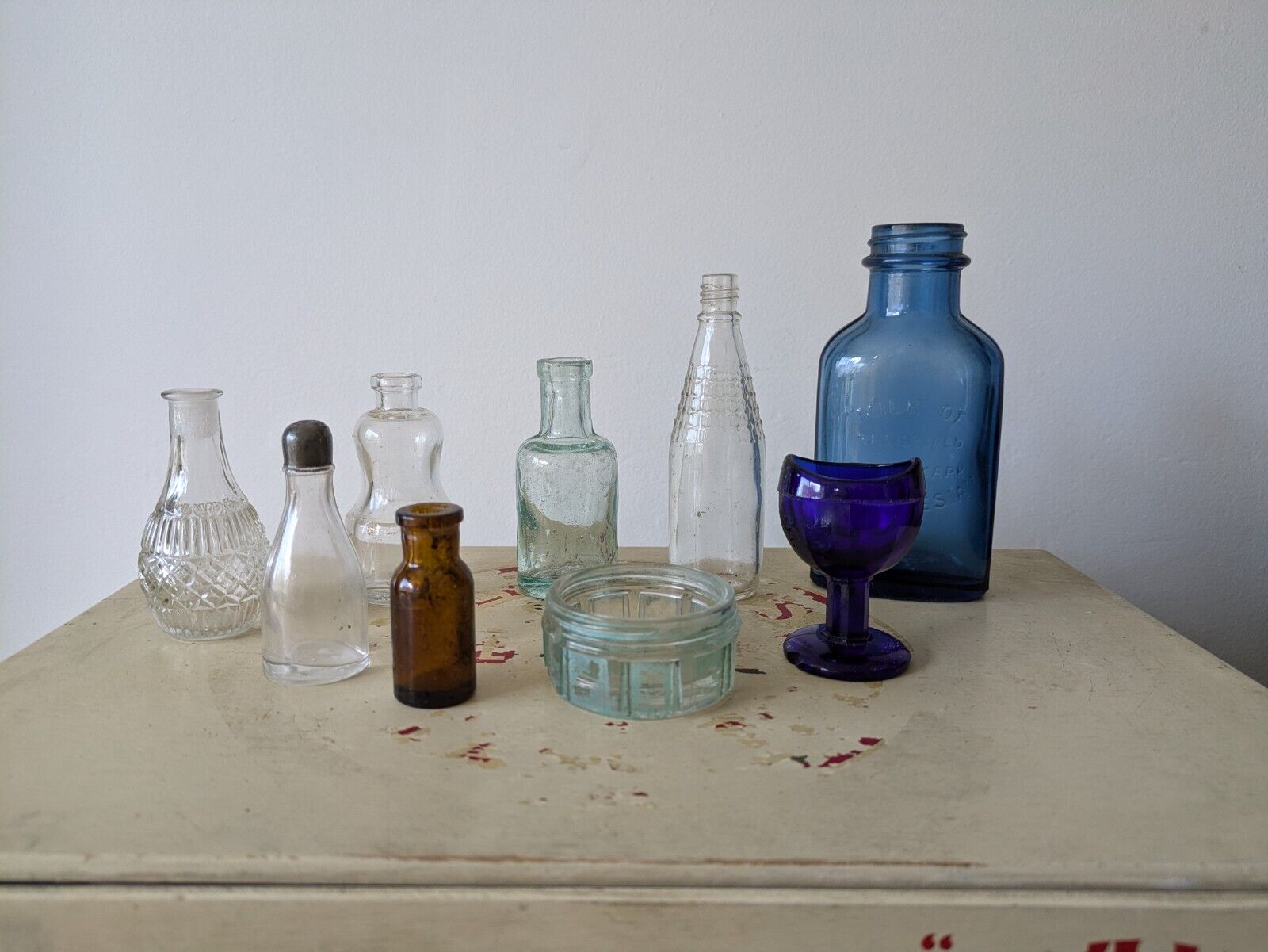 9x Antique Vintage Glass Bottles vase flower Cobalt apothecary amber Medicine