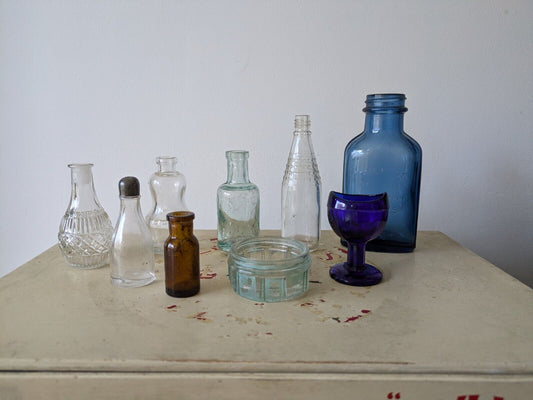 9x Antique Vintage Glass Bottles vase flower Cobalt apothecary amber Medicine