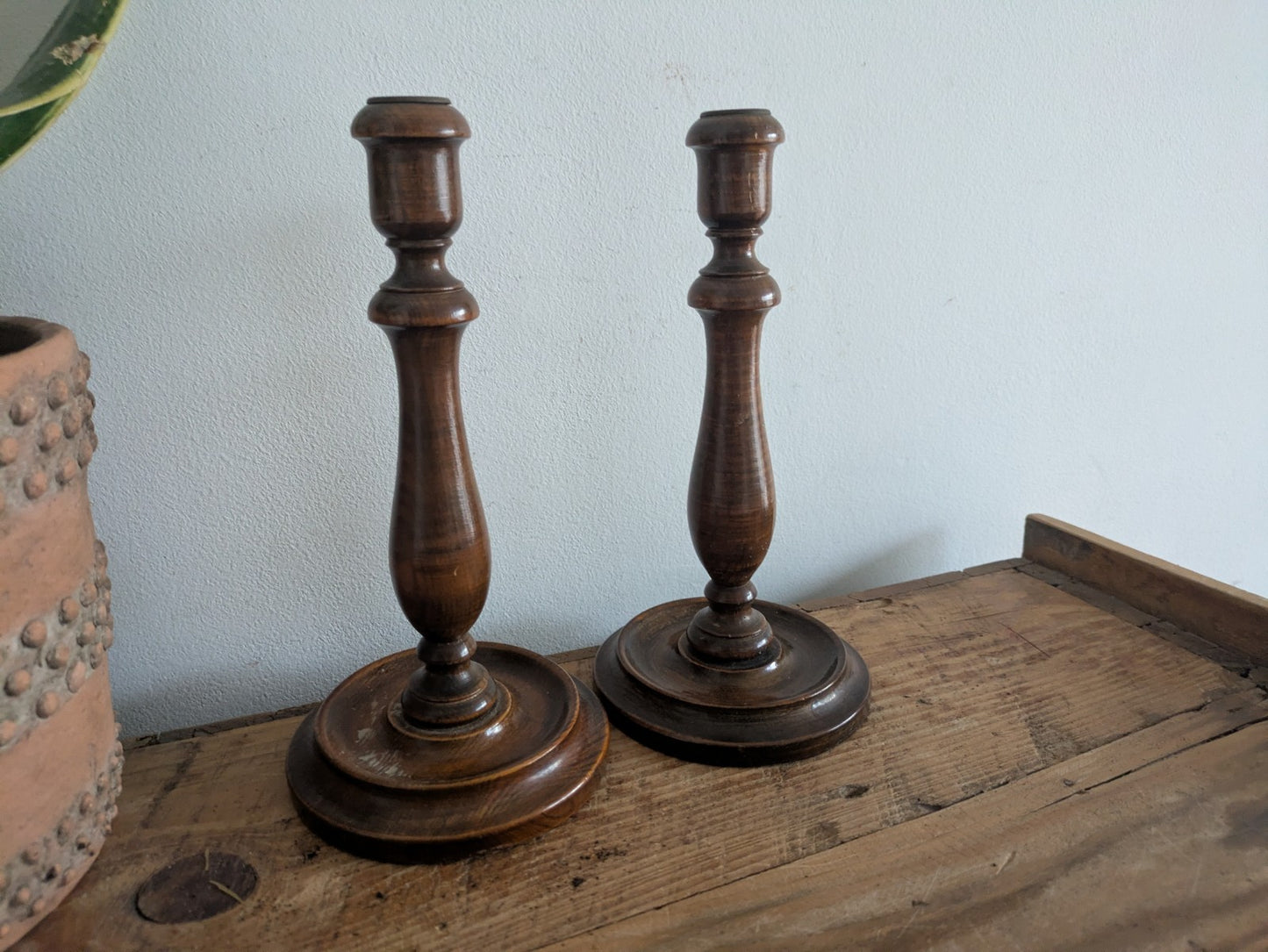 Vintage Antique Wood Candlestick Holders Pair Hand Turned Candle Victorian 24cmH