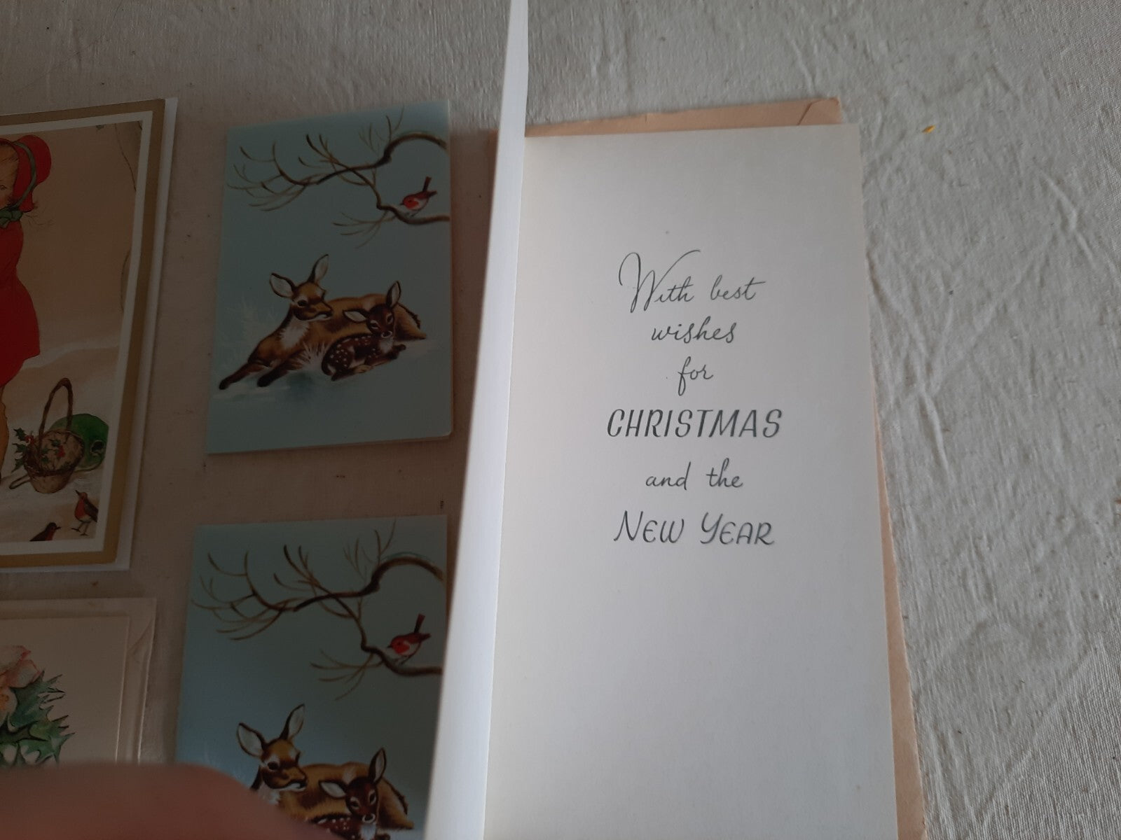 5 original vintage unused Christmas cards 1930s deco bell floral Snow Deer Baird