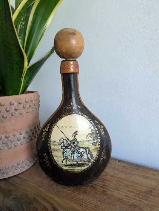 Vintage Leather Decanter Italy Knights in Battle Wine Bottle Prop TV Film Decor 
