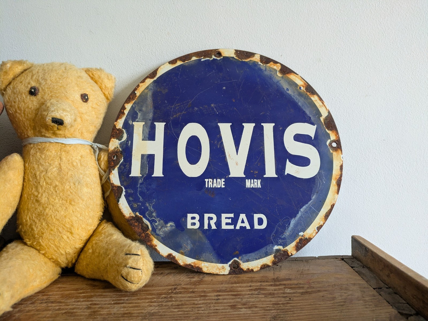 Vintage PORCELIAN HOVIS ENAMEL SIGN Round Advertising Metal Blue Kitchen Wall 