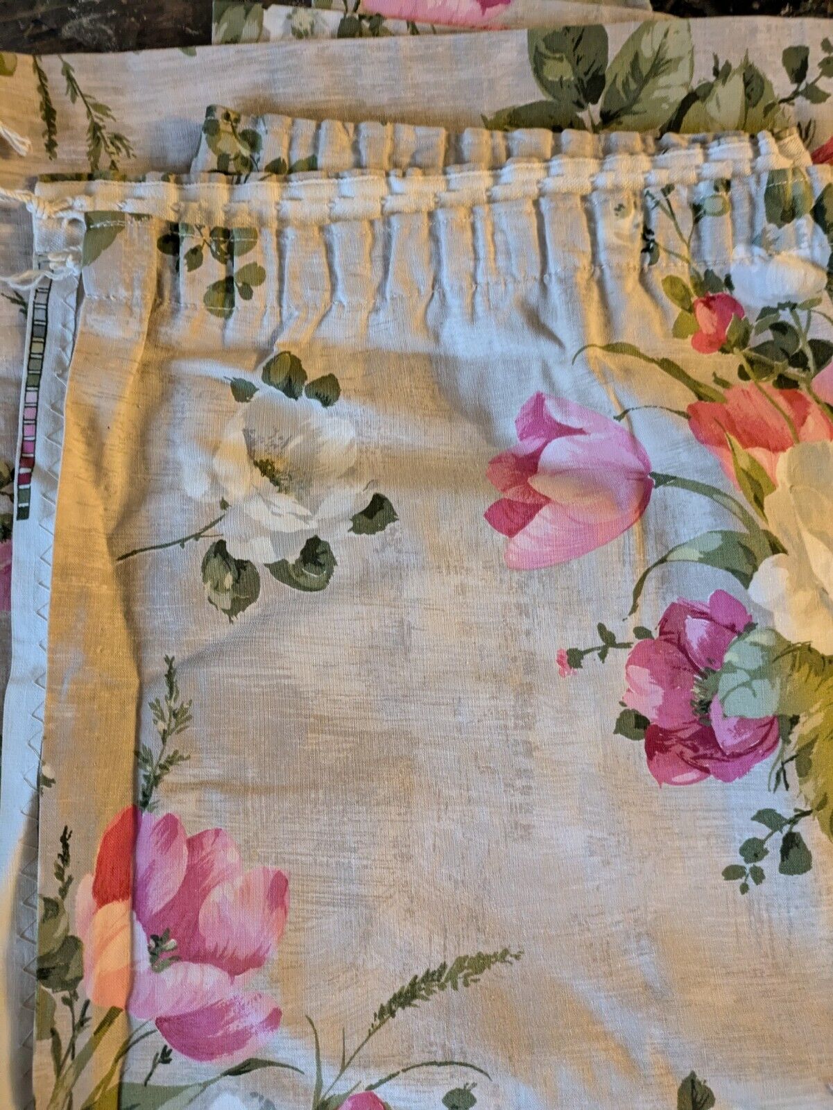 Vtg SANDERSON Pink rose Floral Curtains Shabby Chic W108cm D162cm fabric Grey