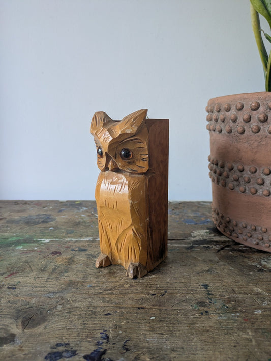Vintage Black Forest Carved Owl Holder Sconce Mid Century Wooden Candle Brush Vg