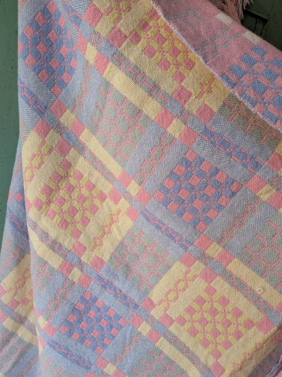 Welsh Wool Tapestry Blanket Throw Pink Blue Reversible Double 227cm x 156cm Vtg