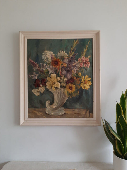 ANTIQUE STILL LIFE PAINTING OIL ON CANVAS BOUQUET VINTAGE FLORAL ROSALIND KENT