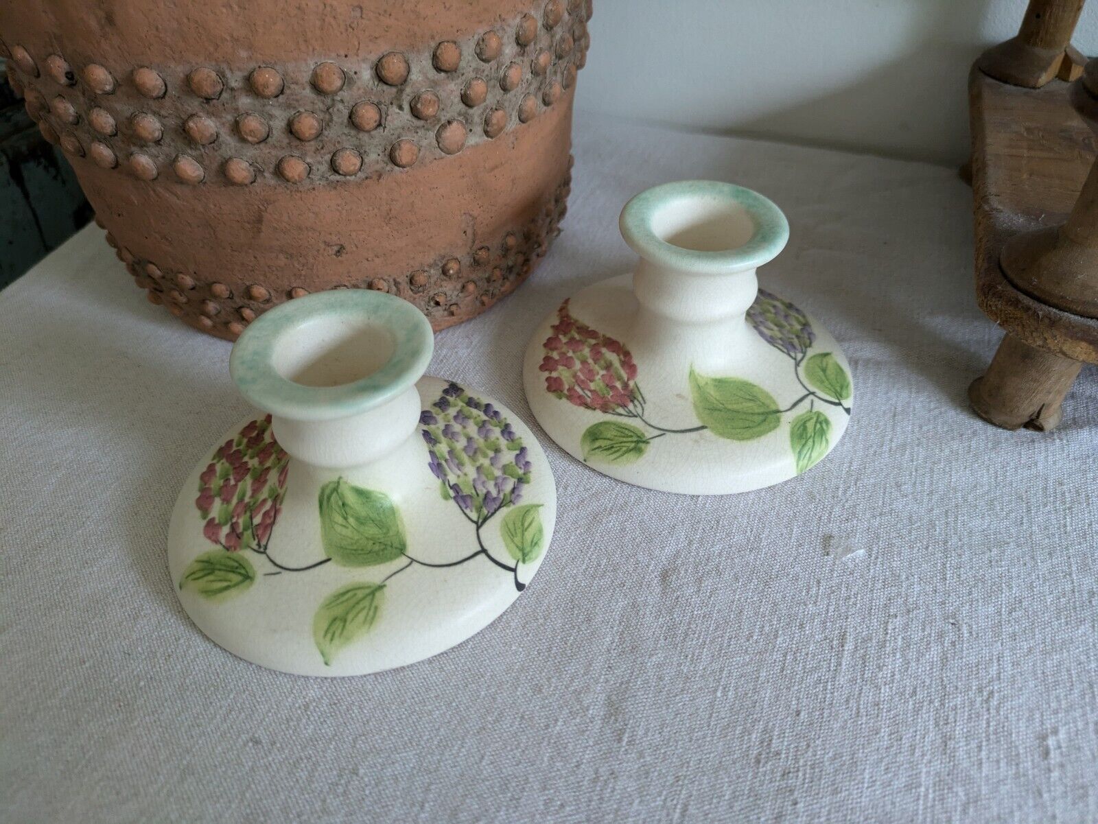 Pair Of E RADFORD 1930s Vintage Candlestick Holders Hand Painted Floral Art Deco