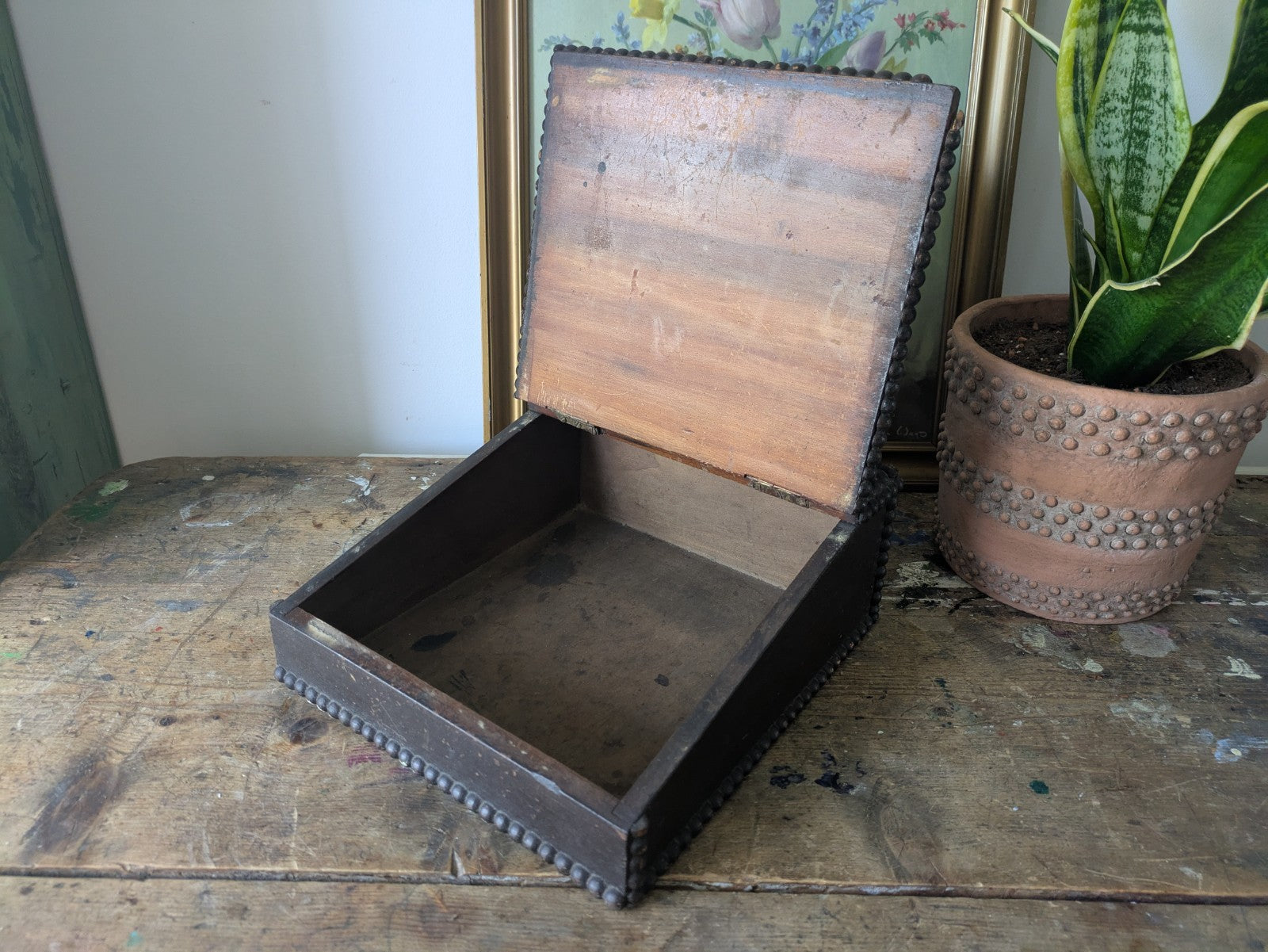 Antique Vintage Students Table Top Writing Slope Bobbin Small Box Stationary Old