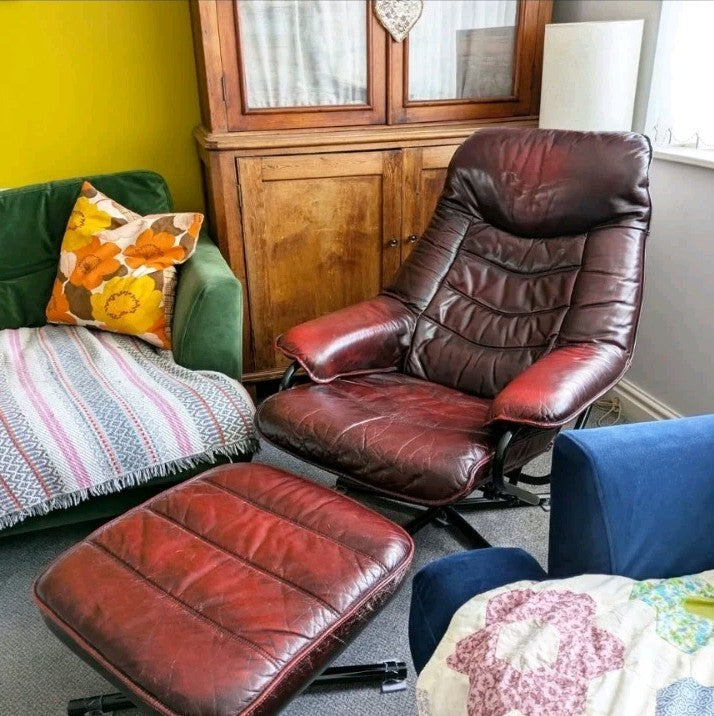 MCM Skoghaug Industries Oxblood Red Leather Swivel Recliner Armchair & Stool 60s