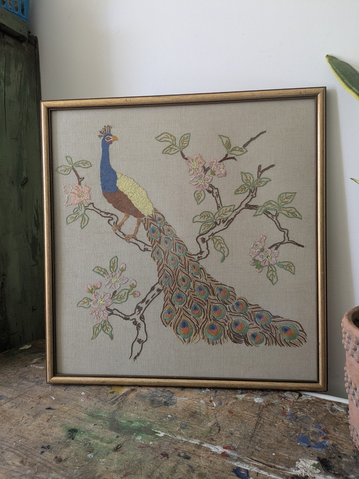 MID CENTURY FRAMED EMBROIDERY PEACOCK ON BRANCH PINK FLOWER LARGE VINTAGE RETRO